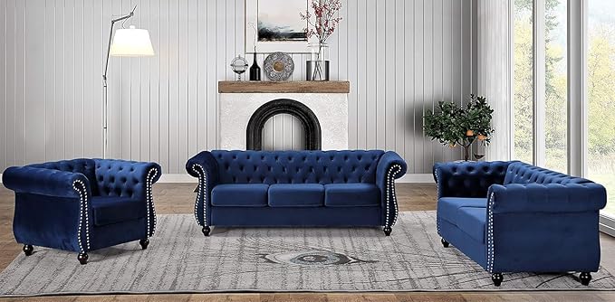 Container Furniture Direct Feinstein Modern Velvet Chesterfield Couches for Living Room with Nailheads, Diamond Tufting & Durable Metal Frame, Chair, Dark Blue