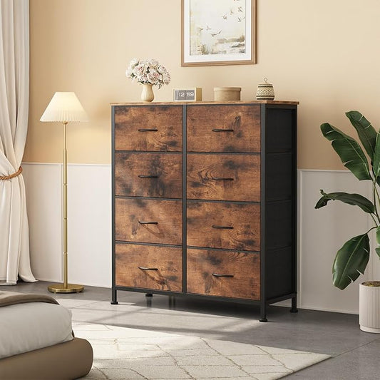 Sweetcrispy Dresser for Bedroom with 8 Storage Drawers, Large Fabric Storage Tower Organizer, Chest of Drawers with Metal Frame Wooden Top for Closet, Living Room, Entryway,Brown