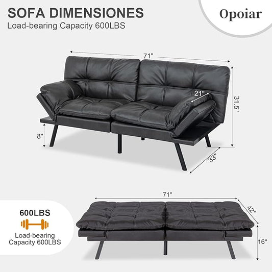 Opoiar Faux Leather Black Futon Sofa Bed Convertible Memory Foam Couch Bed Futon Sets Folding Modern Sleeper Sofa Loveseat for Studio,Drom,Apartment,Game Room and Small Space