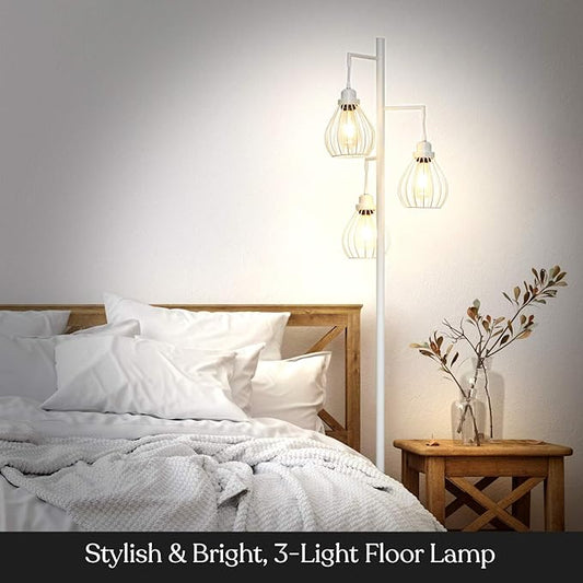 Brightech Teardrop LED Floor Lamp - Tree With 3 Elegant Cage Heads & Edison Bulbs - for Living Rooms, Offices & Bedroom Reading - Alpine White