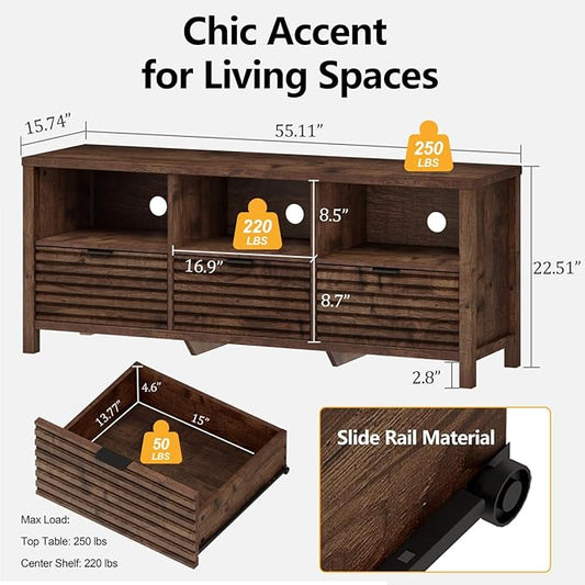BON AUGURE TV Stand, Mid Century Modern Media Console for 65/55/50 Inch TVs, Wood Fluted Entertainment Center with Storage for Living Room, Bedroom (Rustic Oak)