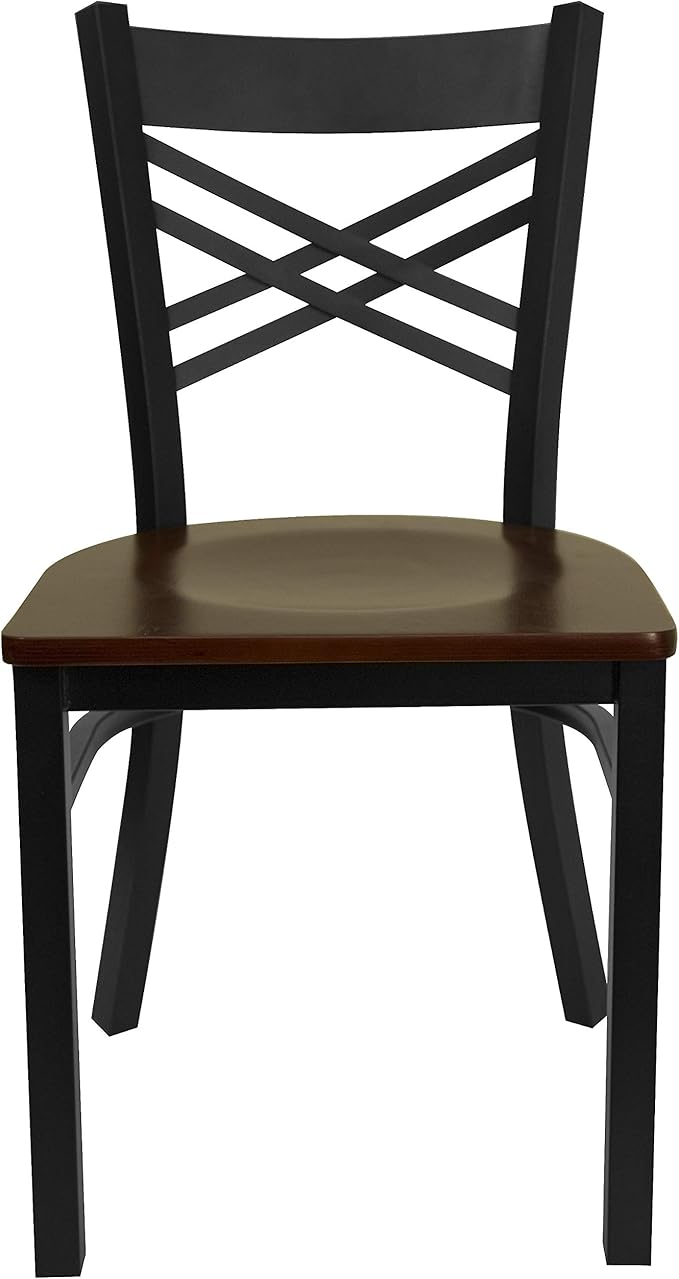 Flash Furniture HERCULES Series Black ''X'' Back Metal Restaurant Chair - Mahogany Wood Seat