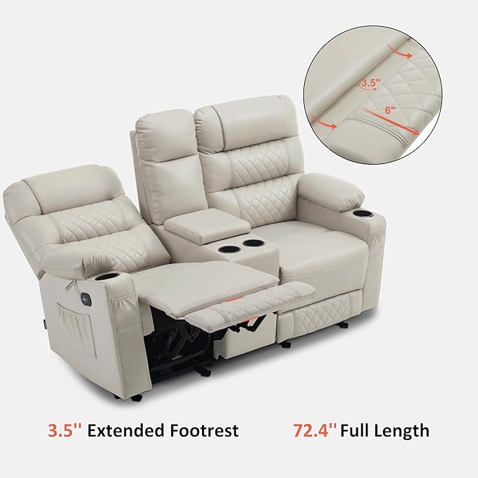 MCombo Zero Gravity Power Loveseat Recliner with Console, Heat and Vibration Massage, Reclining Loveseat Sofa with USB Ports, Cup Holders for Living Room, Faux Leather PR622Sets (Light Grey)