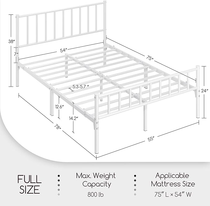Yaheetech 14 Inch Full Size Bed Frame Metal Platform Bed with Spindle Headboard Footboard/Mattress Foundation/No Box Spring Needed/Underbed Storage Space/Steel Slat Support/Easy Set up, White