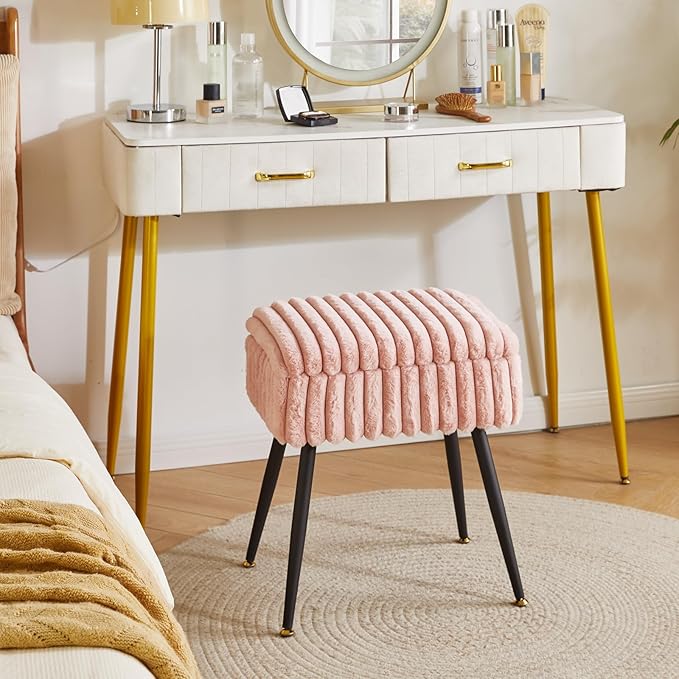 Vanity Stool Chair, Foot Stools Ottoman, Faux Fur Vanity Chair with Black Legs, Vanity Stool for Makeup, Make up Chairs for Vanity, Vanity Small Bench Seat Storage Pink YD-MS151P