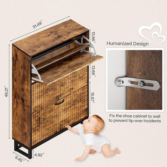 Nicetree Shoe Cabinet Storage for Entryway- Modern Fluted Shoe Organizer 3 Flip Drawers & 3-Tier Adjustable Shelves, Farmhouse Modern Rustic Shoe Rack with Metal Legs for Hallway Foyer Brown