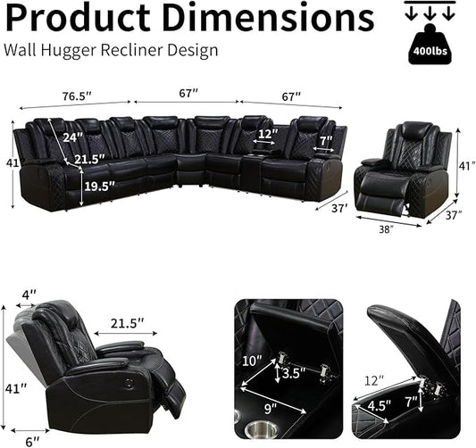 Power Leather Recliner Sectional Sofa with LED Light,L Shaped Reclining Couch with USB Charger/Cup Holder/Storage,Leather Sofa for Living Room Furniture Sets(Black,Sectional+1 Seat)