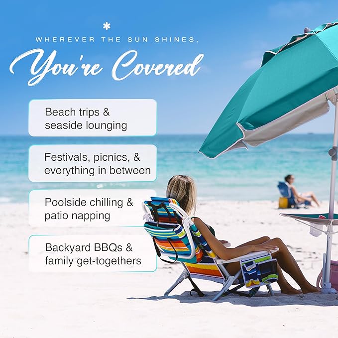 AMMSUN 7ft Heavy Duty High Wind Beach Umbrella with sand anchor, Built-in Table Tray & Tilt Pole, Air Vent, UPF 50+ Windproof Portable Outdoor Umbrellas Carry Bag for Patio Garden Pool Backyard (Teal)