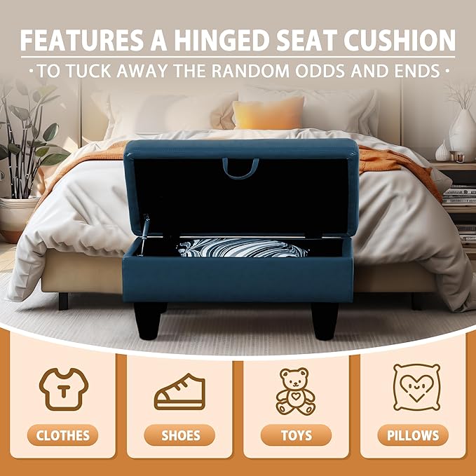 Ottoman Rectangular Storage Ottoman Bench, Faux Leather Footrest, Coffee Table, Stool Footstool with Hinged Lid for Living Room, Bedroom, Entryway, Navy Blue, 28.5"x19"x17.5"