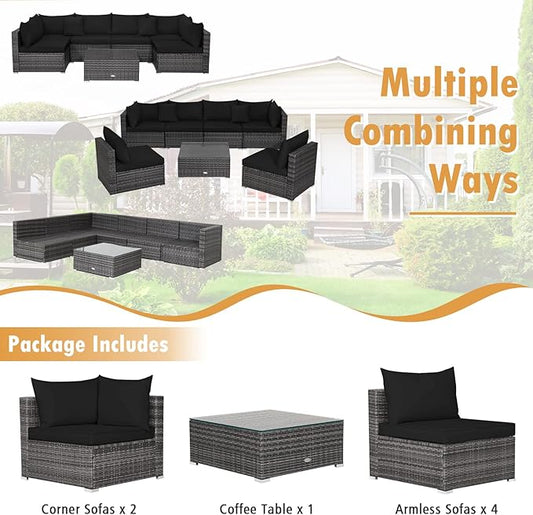 Tangkula 7 Piece Patio Wicker Furniture Set, Outdoor Rattan Sectional Sofa Set for 6 with Seat & Back Cushions, 2 Throw Pillows, Sofa Fastener Clips, for Backyard, Poolside, Deck and Garden (Black)