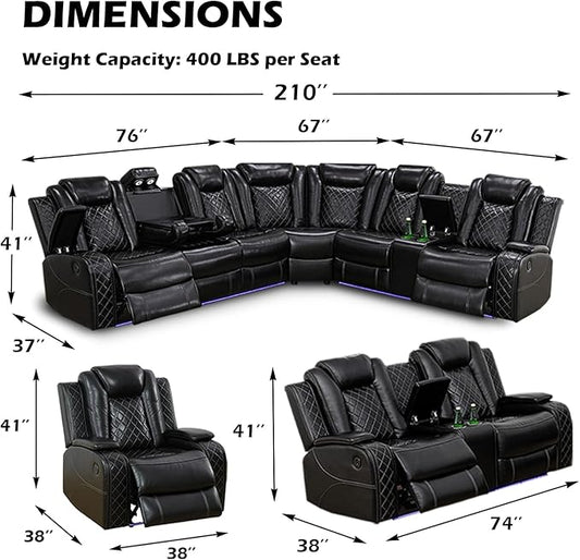 Leather Power Recliner Sectional Sofa Set with LED Light,L Shaped Leather Couch Set with 5 Recliner Seats,Modular Sofa with USB Port for Living Room Furniture(Black,Sectional+Loveseat+Chair)