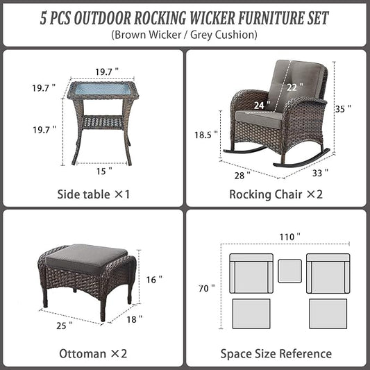 Belord Patio Rocking Chairs Furniture Set - 5 Piece Outdoor Wicker Furniture Sets with Ottomans, Small Patio Conversation Sets with Wicker Rocking Chairs Brown/Grey