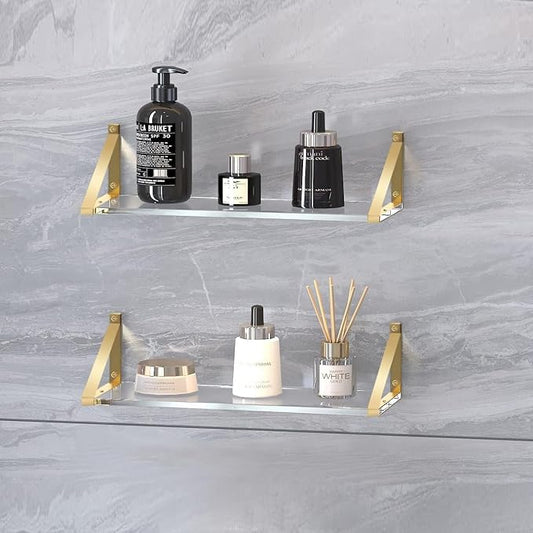 Sturdy Large 25×5.9 inch Thicker 2/5"(10mm) Crystal-Clear Acrylic Gold Shelves for Wall,Gold Floating Shelves,Clear Shelves for Wall Décor, Bathroom,Bedroom Pack of 2