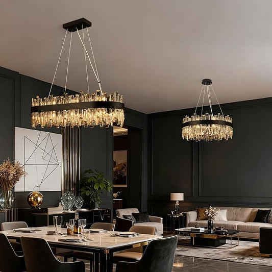 Black Crystal Chandeliers for Dining Room Lights Fixtures Over Table, 16 Lights Modern Rectangle 2-Tier Chandeliers for Kitchen Island Bar L32 Inch