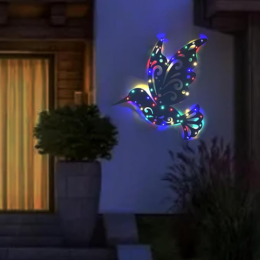 WAIU Solar LED Light Hummingbird Metal Outdoor Wall Outside Decorations for Yard, Hummingbird Ornament Metal Yard Art Wall Patio Backyard Garden Decor for Outside