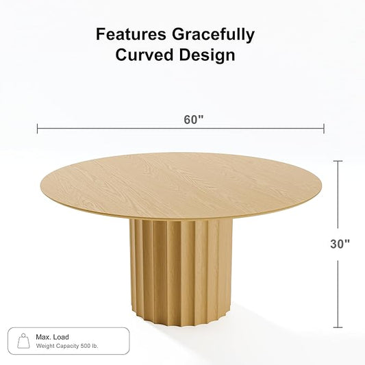 Casaphoria 60" Round Dining Table, Modern Wood Kitchen Table with Cylindrical Wide Bar Concave Base for Living Room & Dining Room, Easy Assembly Farmhouse Furniture for 4-6, Oak