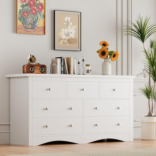 Furmax Dresser for Bedroom, 7 Wood Dresser, Chest of Drawers, for TV up to 65 inch, TV Stand Storage Chest of Drawers for Hallway Entryway (White)