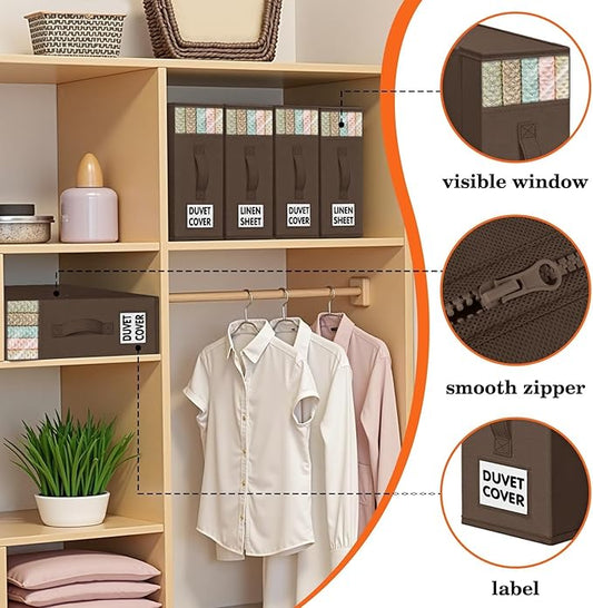 WOWBOX Sheet Organizers and Storage,Closet Bed Sheet Organizer Under Bed Storage and Organization with Label Cards & Clear Window for Bedding Sheets,Duvet Covers,Blankets (3 Pack,Brown)