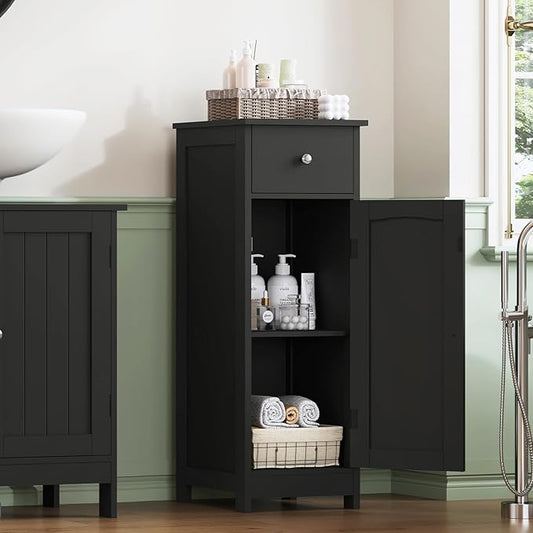 Iwell Bathroom Storage Cabinet, Small Bathroom Floor Cabinet with Drawer & Storage Shelf, Free-Standing Organizer Cabinets for Hallway/Living Room, Black