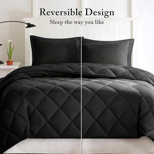 Madison Park Comforter Set, Reversible Down Alternative All Season Microfiber Bedding, 3M Scotchgard Stain Release, Twin/Twin XL Dorm Comforter, Black/Black
