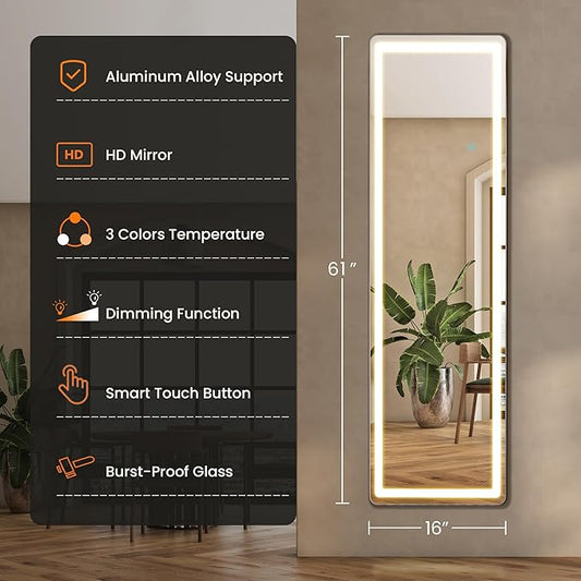 Alpen Full Length Mirror with LED Light, Floor Mirror with Dimming & 3 Color Lighting, 61" x 16" Free Standing Floor Mirrors, Full Body Mirrors for Bedroom, Dressing Room, Cloakroom