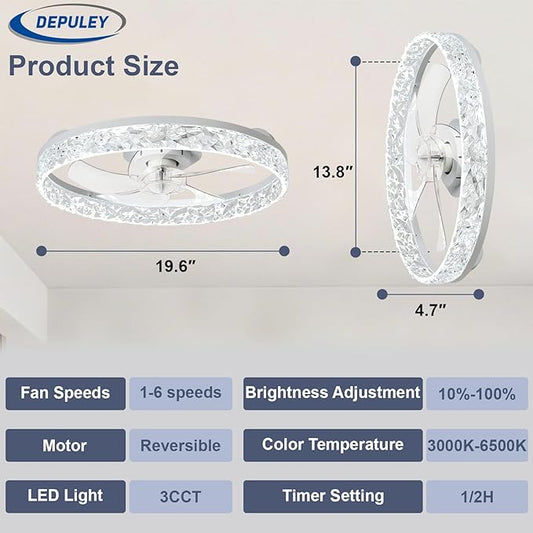 Depuley Ceiling Fans with Lights and Remote: 20" Modern Low Profile Flush Mount LED Ceiling Fan for Bedroom App Control - White Crystal Bladeless Fandelier for Living Room Kitchen Dimmable DC Motor