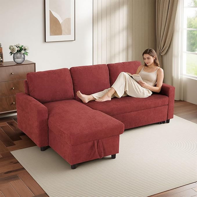 Yafylly L-Shaped Sleeper Sofa with Chaise Lounge & Storage, Pull-Out Couch Bed with Recliner, Full Size Futon for Living Room, Office, Apartment Red