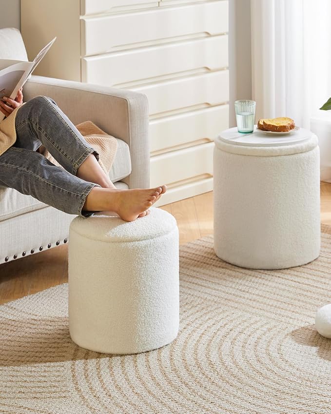 IBUYKE Storage Ottoman Set of 2 Round Ottoman Fleece Vanity Stool with Storage Velvet Footrest Stool End Table Boucle Ottoman for Home Organization UWBD015W