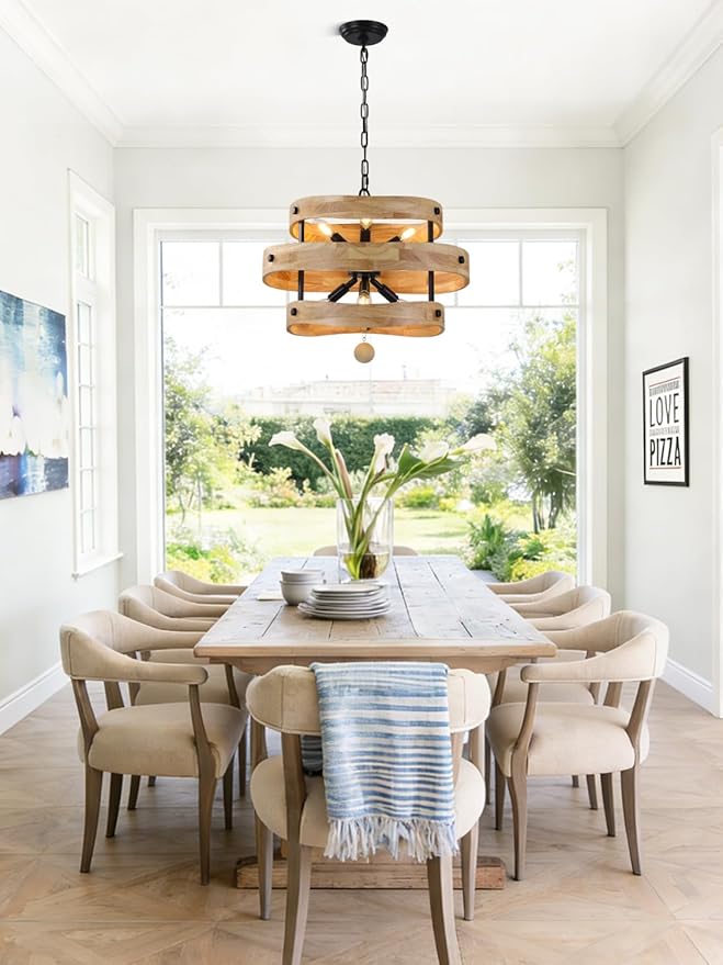 20" Farmhouse Chandelier with Light, 6-Light Rustic Drum Chandelier Over Table, Wood Dining Room Light Fixtures for Kitchen Island Living Room Entryway