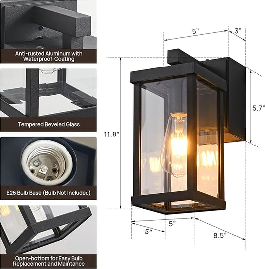 Dusk to Dawn Porch Lights with GFCI Outlets Waterproof Outdoor Wall Lights Exterior Lighting Fixtures Modern Outside Lights Wall Mount for House Patio Garage,Black,11.8''H, 2 PC