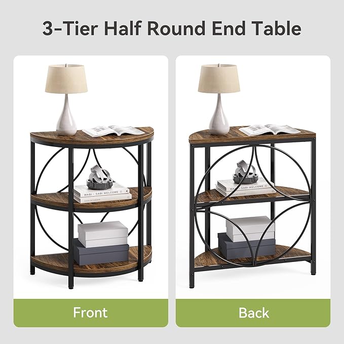 LITTLE TREE Half Round End Table, 3-Tier Narrow Side Table with Metal Frame, Half Circle Table, Half Moon Small Coffee Accent Table Bedside Table for Living Room, Bedroom