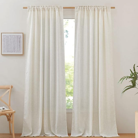 NICETOWN Linen Curtains & Drapes 95 inch Length 2 Panels, Rod Pocket & Back Tab Linen Blend Semi Sheer Privacy with Light Filtering for Farmhouse/Living Room, Burlap, W52 x L95