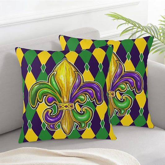 Mardi Gras Pillow Covers 24x24 Set of 2 Purple Gold Green Fleur De Lis Outdoor Throw Pillow Covers Holiday Farmhouse Cushion Covers for Home Sofa Couch Party Decor
