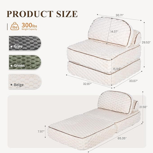 MALOL Folding Sofa Bed, 3-in-1 Convertible Sleeper Chairs with Pillow,Back Support, Fuzzy Fabric Floor Couch Bed for Adults, Boneless Couches Living Room, Bedroom, Apartment,Beige