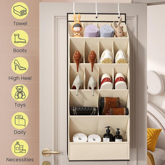 15 Pockets Over the Door Shoe Organizer, Shoe Rack for Closet Door with Large Breathable Pockets, Hanging Shoes Rack for Boots Size, Behind the Door Organizer Shoe Holder for Flexible Storage, Beige 