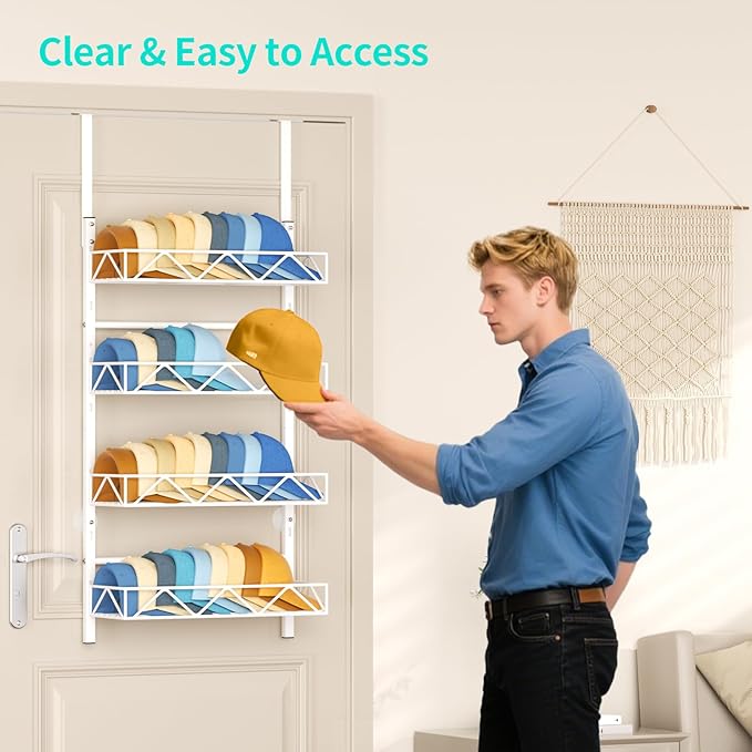 HapiRm Over the Door Hat Organizer - 4 Tier Wall Mounted Hat Rack with 4 Adjustable Metal Basket, Baseball Caps Organizer Storage Holds up to 40 Caps for Door, Bedroom, Closet (White)