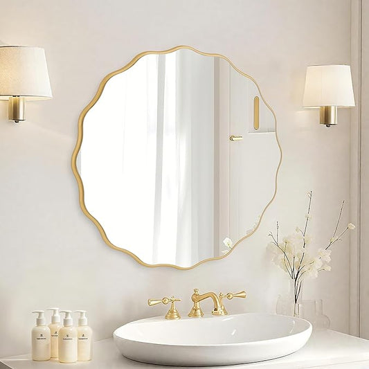 26" Wavy Mirror Scalloped Farmhous Modern Wood Farme Mirror Wall Decor for Bathroom Entryway Living Room Bedroom Hallway