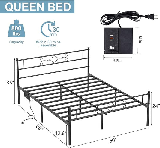 VECELO Queen Size Metal Platform Bed Frame with Headboard & Charging Station,Premium Steel Slat Support No Box Spring Needed,Noise-Free Anti-Slip,Easy Assembly