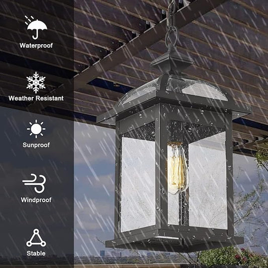 Darkaway Outdoor Pendant Light Fixture Lantern, Large 20inch Hanging Porch Light with Glass Aluminum Outdoor Pendant Lights for Porch, Patio, Entryway (Large, Black)