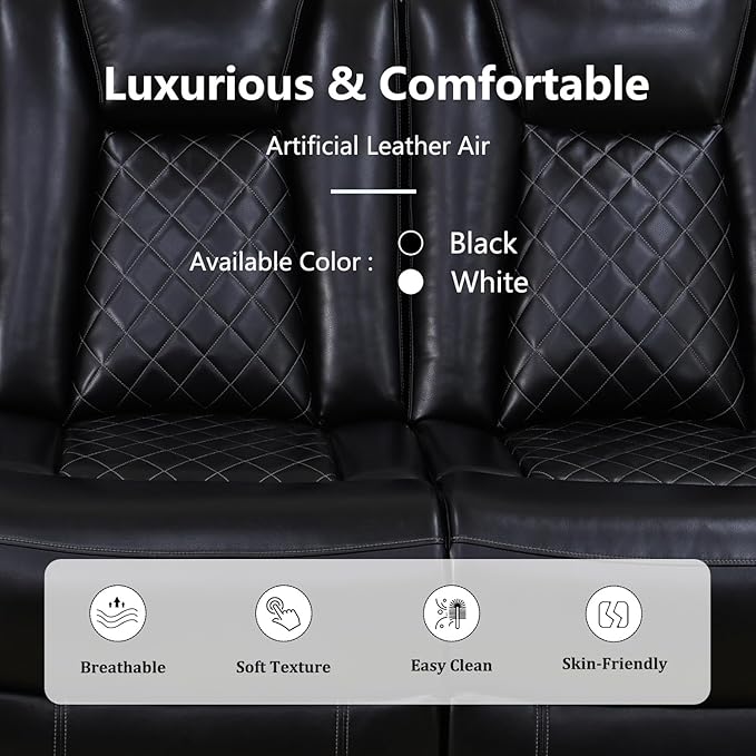 Power Recliner Sectional Sofa Set with Chair, Leather Reclining Couch Set for Living Room, Black Air Leather Recliner Sectional with Storage Console/Cup Holders/USB Ports/LED