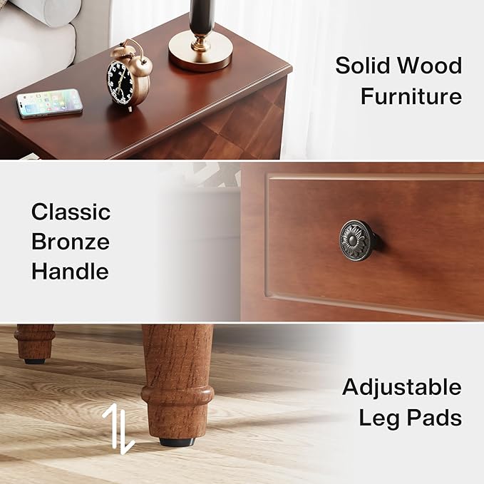 LITTLE TREE Fully Assembled End Table, Narrow Side Table with 3 Drawers, Pre-Assembled Nightstand Slim Bedside Table for Small Spaces, Living Room, Bedroom, Brown