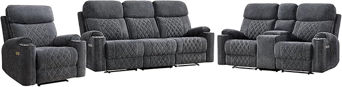 EBELLO Power Reclining Sofa Set, Fabric Electric Recliner Chair, Loveseat and 3 Seater Sofa Couch with Cup Holders, Charging Ports and Storage Space, 6 Seats for Small Living Room, Grey