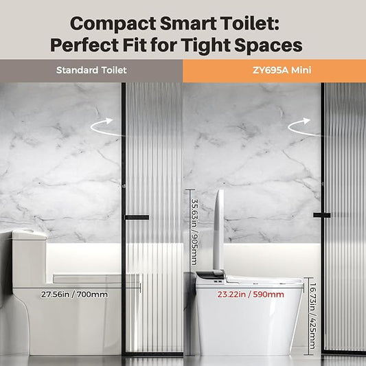Smart Compact Toilet for Small Bathroom, 23" Depth Shallow Toilet with Foam Shield Auto Open/Close Lid, 12" Rough In, Built-in Tank, Heated Seat Foot Sensor Flush One-Piece (ZY695A Mini)