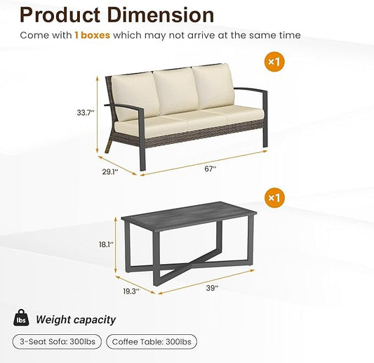 SUNVIVI OUTDOOR Patio Sofa with Coffee Table, All Weather Rattan Outdoor Patio Couch with Removable Cushions, Metal Outdoor Sofa Set for Garden Porch Balcony Backyard, Beige