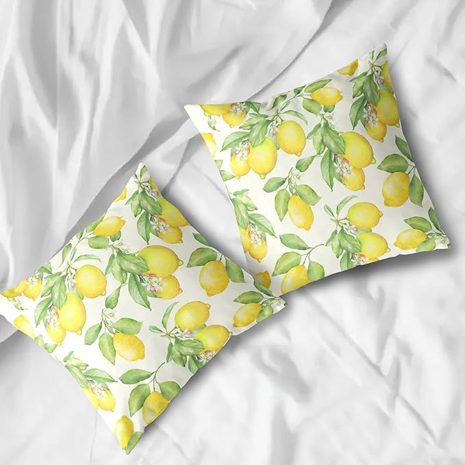 Yellow Lemon Throw Pillow Covers 16 X 16 Inch Watercolor Fruit Leaves Floral Decorative Cushion Case Farmhouse Spring Summer Outdoor Pillow Cases for Home Sofa Couch, 2 Pack