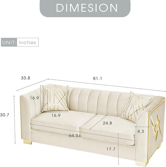 KEIKI 81" Luxury Oversized Velvet Chesterfield Sofa with 2 Pillow & Gold Stainless Decoration, Mid-Century Style 3-Seater Button Tufted Couch with Square Arms, Easy Assembly, for Living Room, Beige