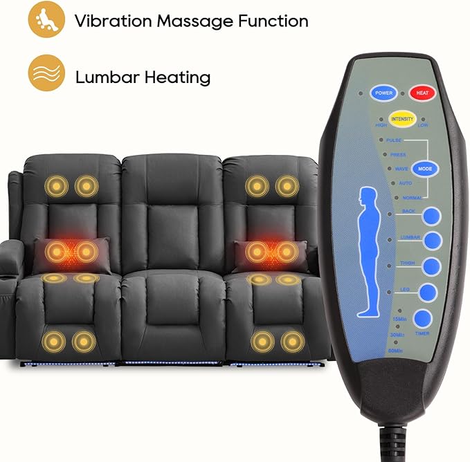 IPKIG Power Recliner Sofa with Flip-Up Backrest Console, USB & USB-C Ports, AC Outlet, LED Lights, Wall Hugger Recliners for Living Room, RV (Grey, 76.8" - 3 Seat) | Leathaire Fabric, Zero Gravity, Dual Reclining, 2 Lumabr Pillow