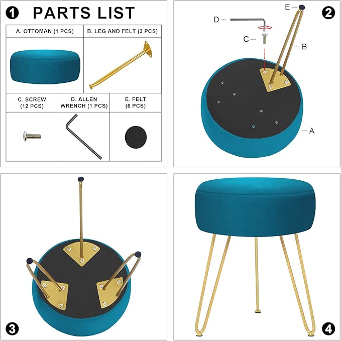 Velvet Soft Modern Vanity Footstool -Round Footrest Stool Ottoman Side Table Seat Dressing with Golden Metal Leg and Sponge Filling,Upholstered Foot Rest for Living Room (Peacock blue2)
