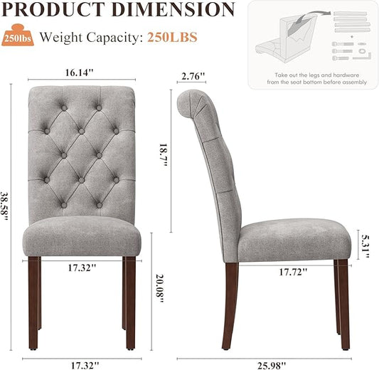 Upholstered Tufted Dining Room Chairs Set of 2, Parsons Kitchen Chairs with Padded Seat and Solid Wood Legs, Fabric Accent Side Diner Chair for Dining Room/Kitchen/Living Room, Light Grey