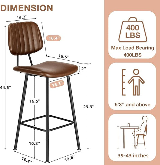 29-Inch Leather Bar Stools Set of 3, Counter Height Barstools with High Backrest,Bar Chairs for Kitchen Island with Heavy Duty Metal Legs, Dark Brown